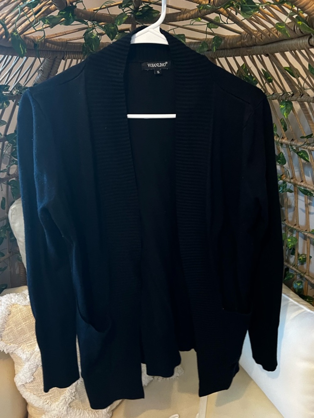 VOALNMIO Black Open-Front Ribbed Collar Cardigan